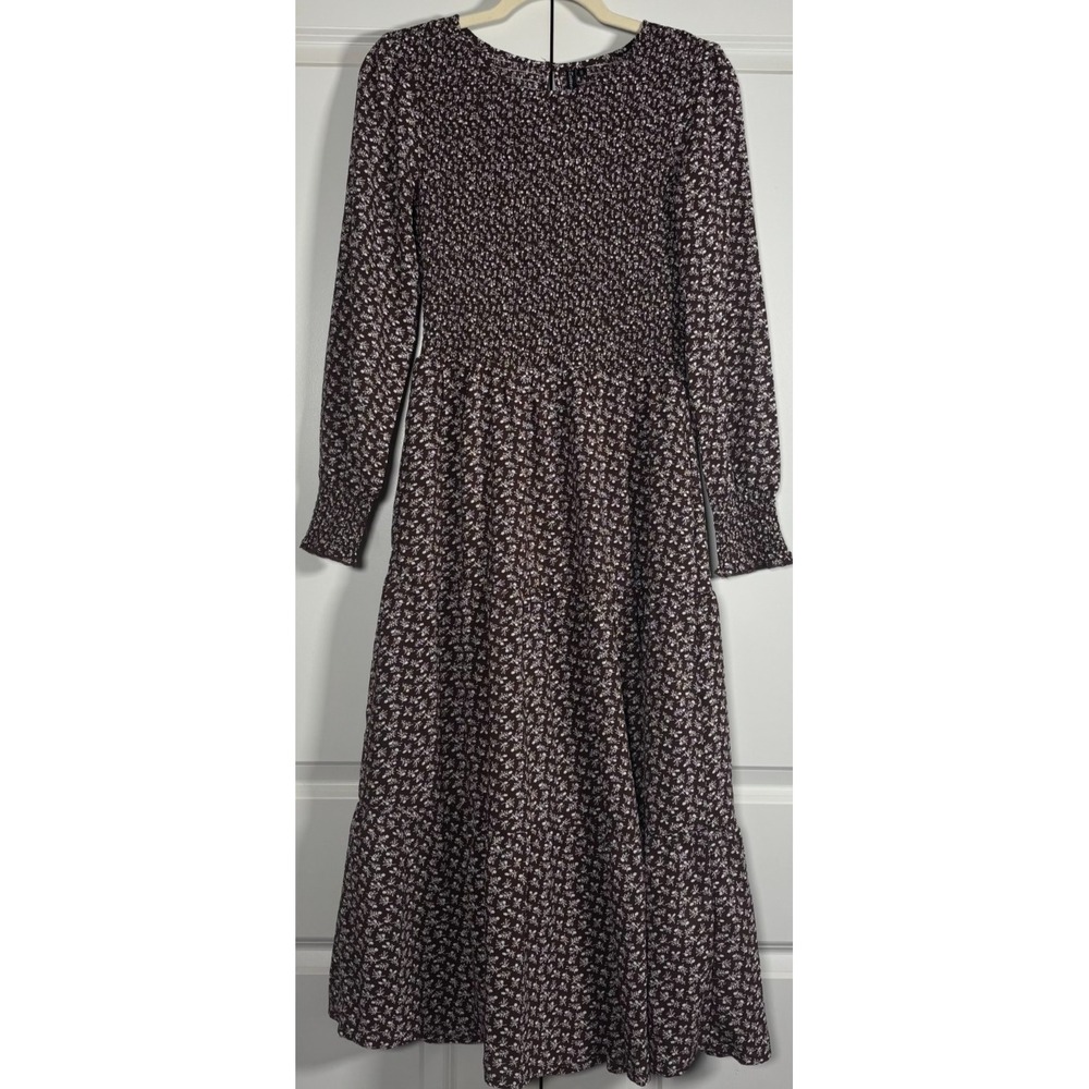 Zattcas Womens Long-Sleeve Smocked Midi Dress Dark Carob Brown Ditsy Floral S